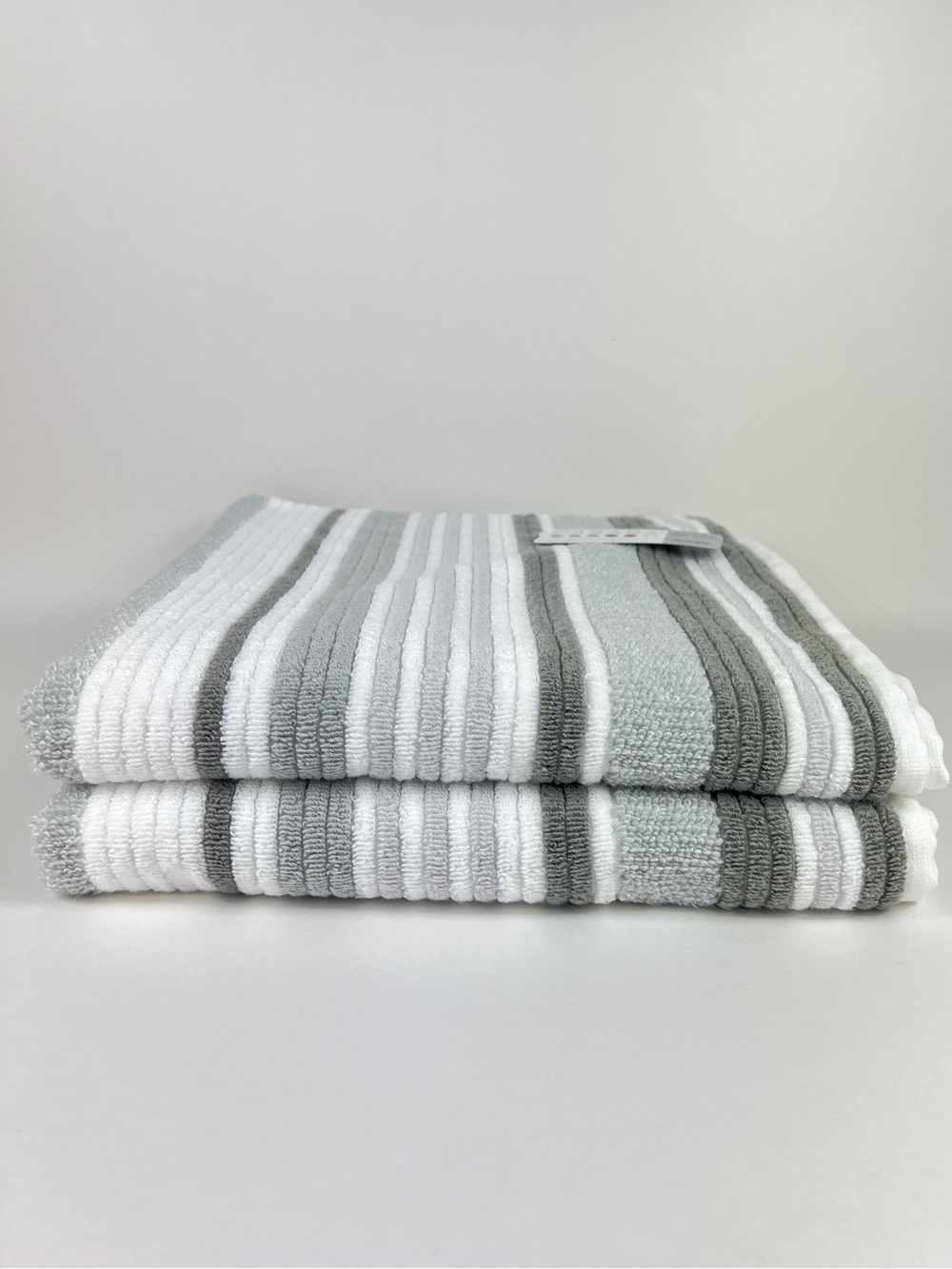 Casaba Bath Towels Tan Taupe White Striped Quick Dry Soft Cotton 2 Pc Set NEW